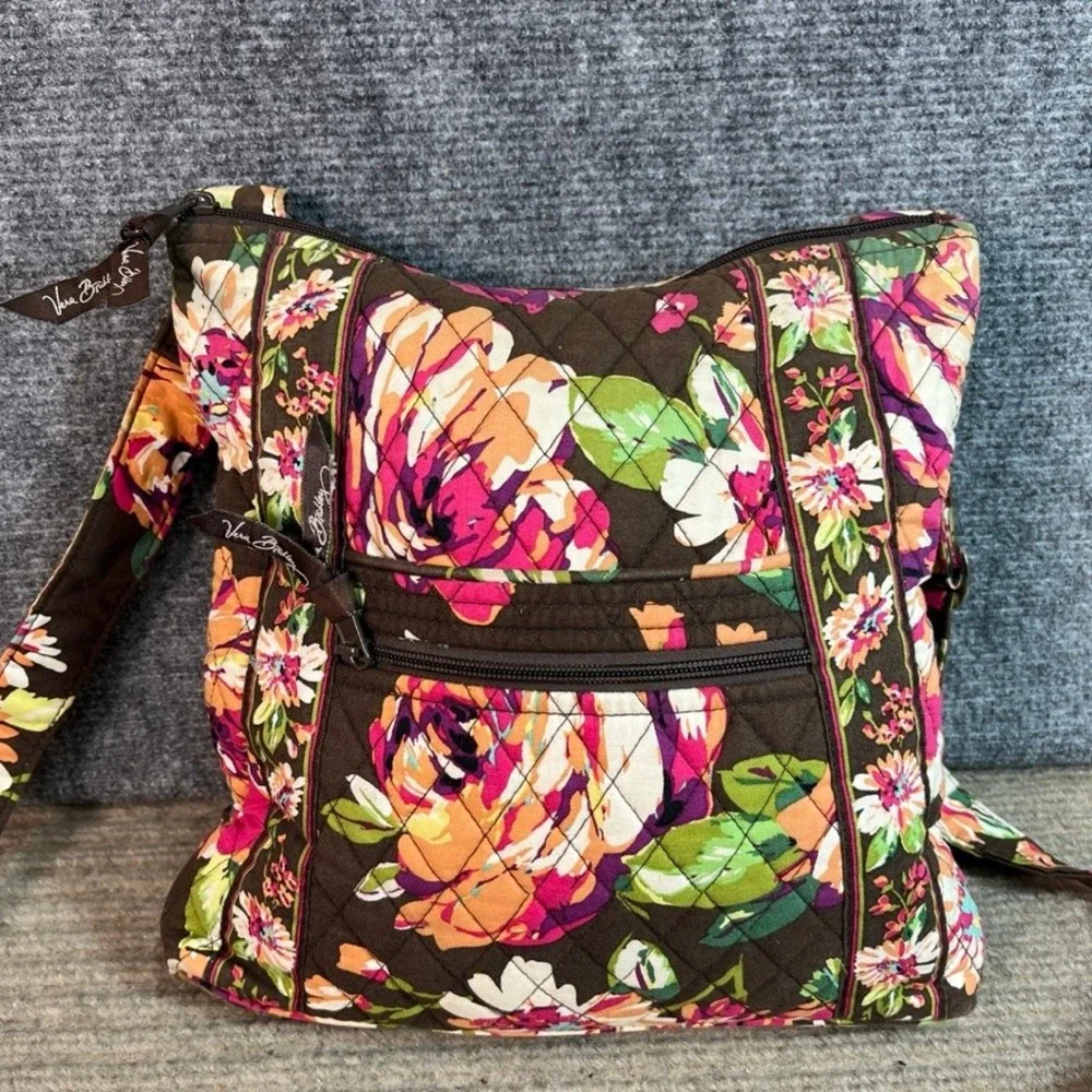 Vera Bradley Plum Crazy Floral Quilted Cotton Crossbody Bag Brown Purple Pink